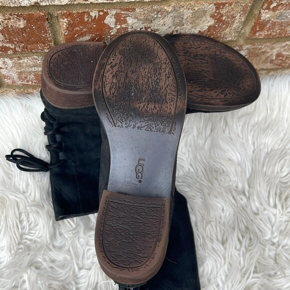 Ugg Cary Black Suede Mid Calf Boots with Leather Laced Up Backs Size 7 - Picture 5 of 7